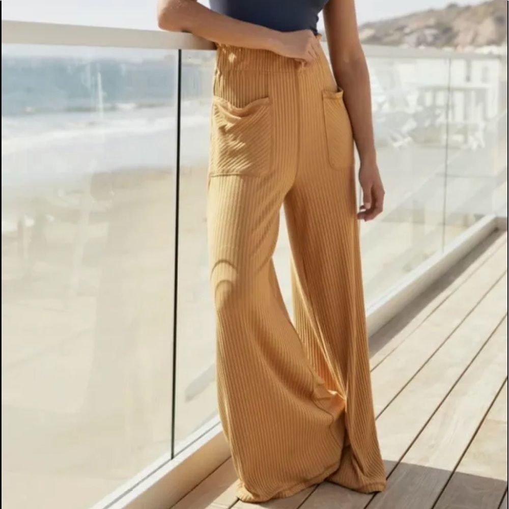 Free People Pants WideLeg Ribbed Soft Ruffle Waist - Picture 1 of 3